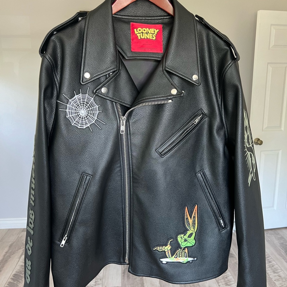 Looney Toons Motorcycle Leather Jacket Vegan, LARGE Dia De Los Muertos, Black
